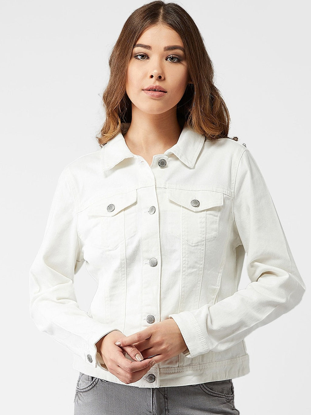 Women White Solid Denim Jacket – Premium Summer Outerwear for Pakistani Style | HARCHIZ