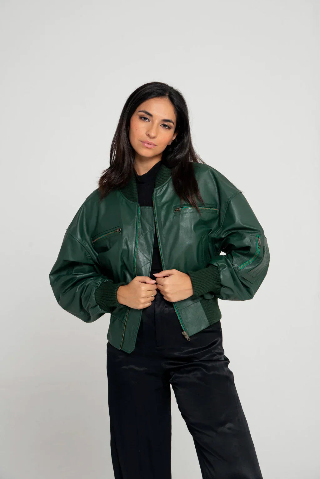 Ace Green Women Bomber Leather Jacket