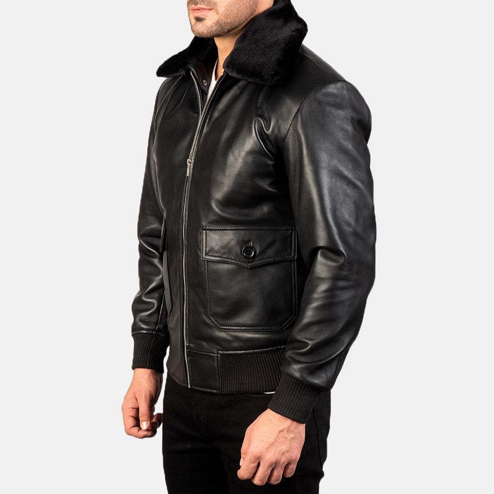 Black Collar Fur Leather Bomber Jacket
