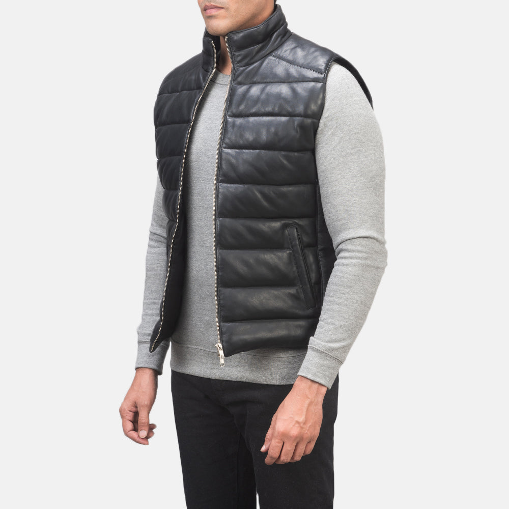 Ace Black Genuine Leather Puffer Vest