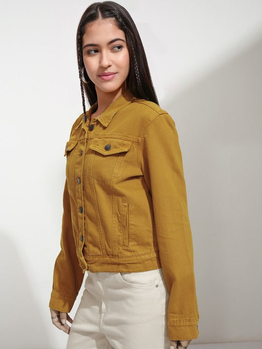 Women Mustard Solid Jacket – Stylish Winter Outerwear for Pakistani Fashion | HARCHIZ