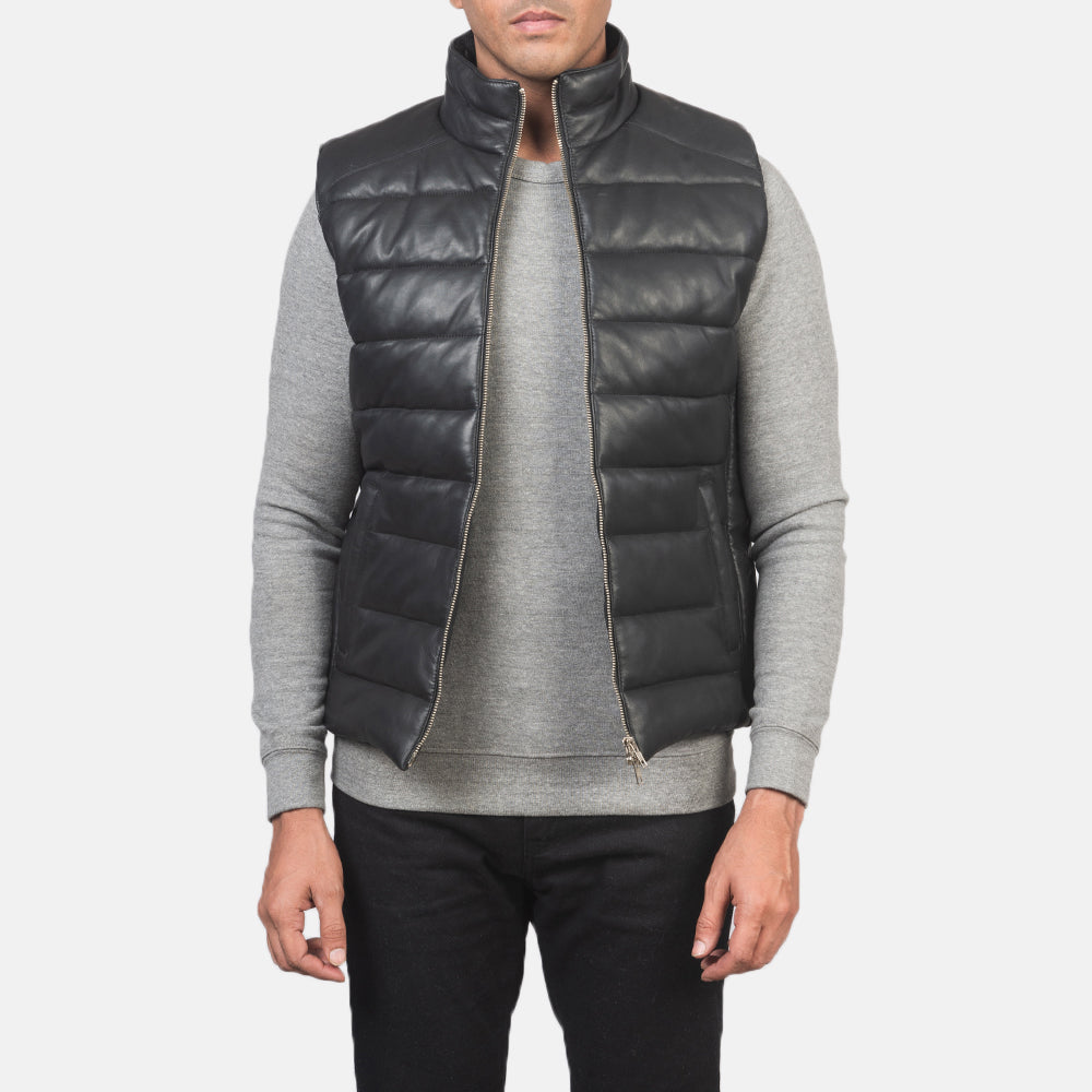 Ace Black Genuine Leather Puffer Vest