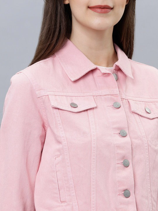 Women Pink Solid Denim Jacket – Trendy Everyday Outerwear for Pakistani Fashion | HARCHIZ