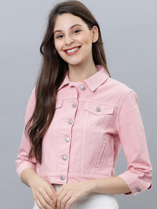 Women Pink Solid Denim Jacket – Trendy Everyday Outerwear for Pakistani Fashion | HARCHIZ