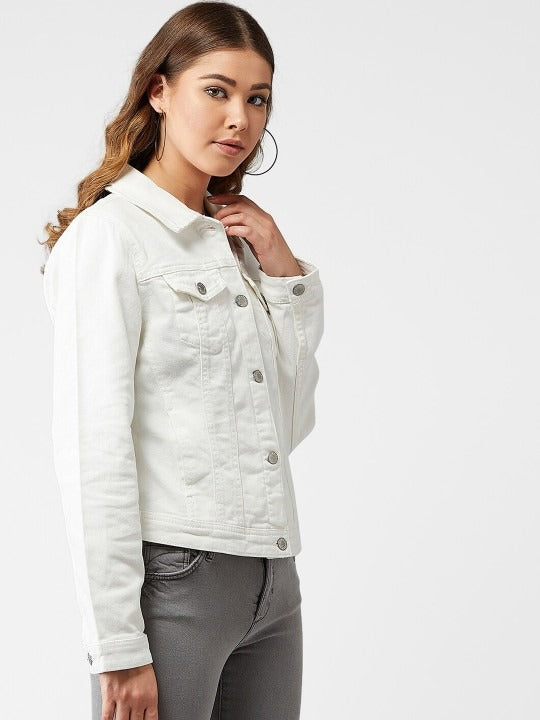 Women White Solid Denim Jacket – Premium Summer Outerwear for Pakistani Style | HARCHIZ