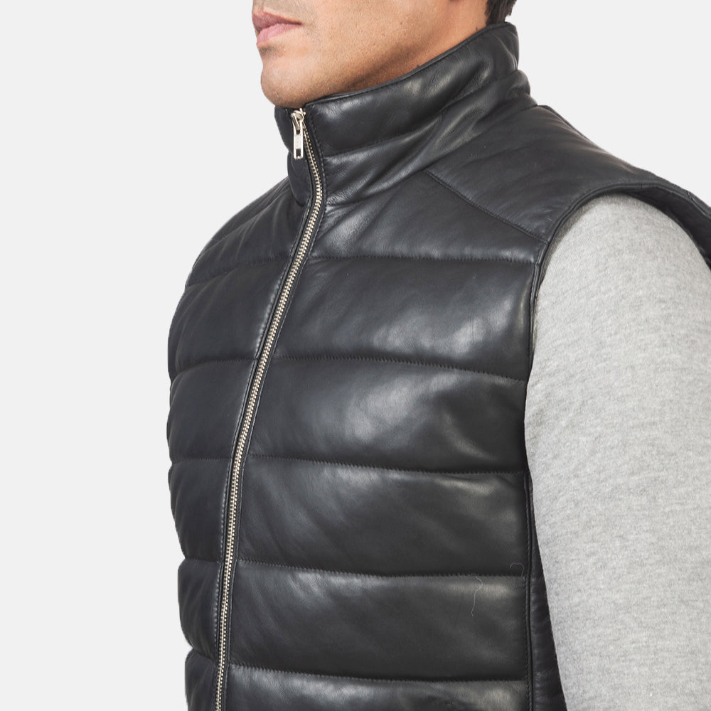Ace Black Genuine Leather Puffer Vest