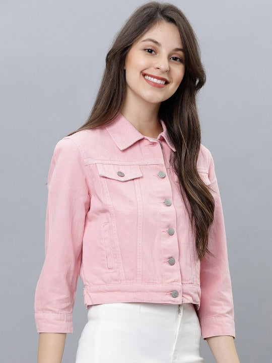 Women Pink Solid Denim Jacket – Trendy Everyday Outerwear for Pakistani Fashion | HARCHIZ