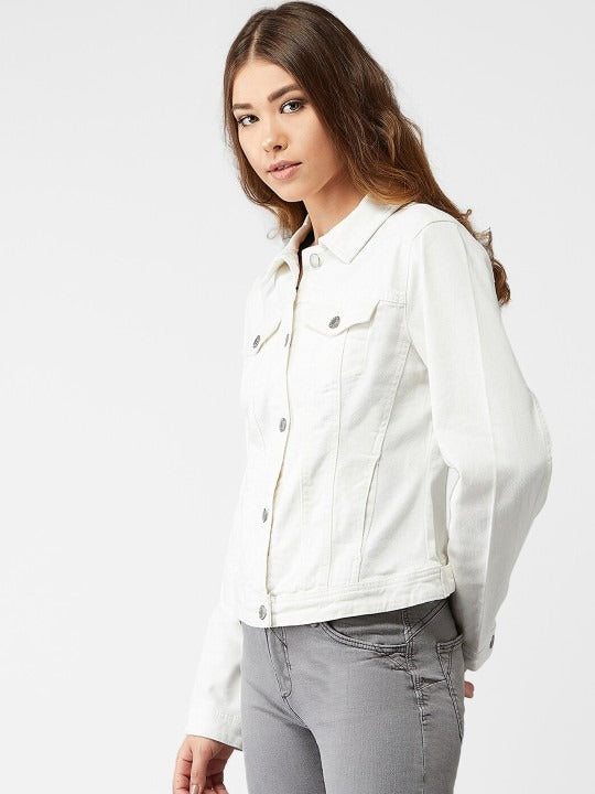 Women White Solid Denim Jacket – Premium Summer Outerwear for Pakistani Style | HARCHIZ