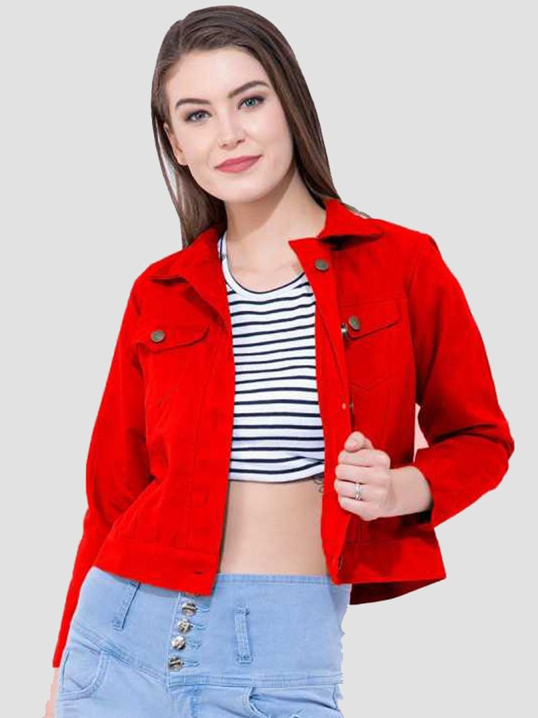 Women Red Cotton Lightweight Crop Denim Jacket – Breathable Summer Streetwear for Pakistan | HARCHIZ