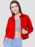 Women Red Cotton Lightweight Crop Denim Jacket – Breathable Summer Streetwear for Pakistan | HARCHIZ