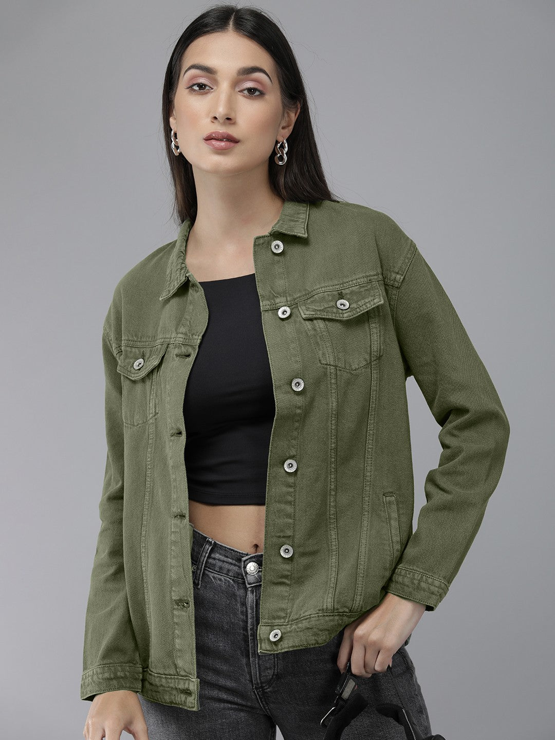 Harchiz Women Olive Green Solid Boyfriend Denim Trucker Jacket – Oversized Casual Style