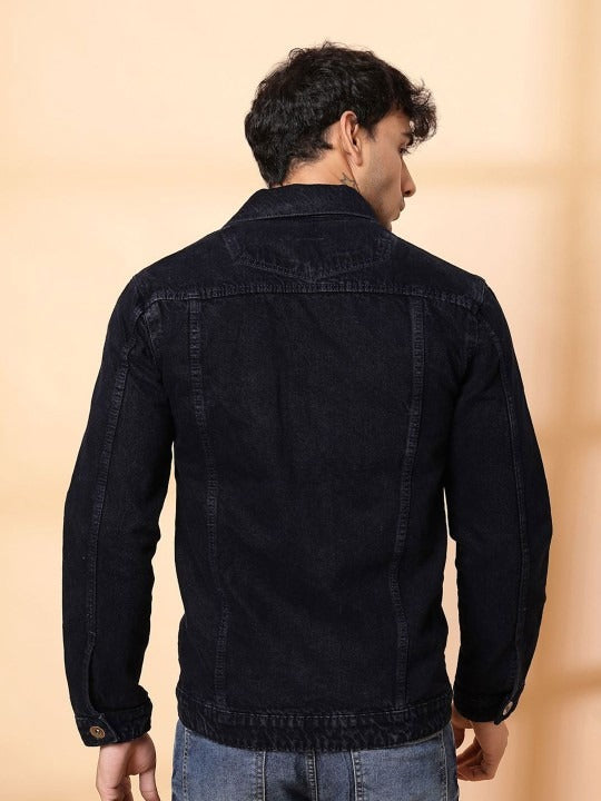 Men’s Spread Collar Solid Denim Jacket – Casual & Classic Street Style by HARCHIZ Pakistan