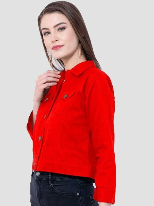 Women Red Cotton Lightweight Crop Denim Jacket – Breathable Summer Streetwear for Pakistan | HARCHIZ