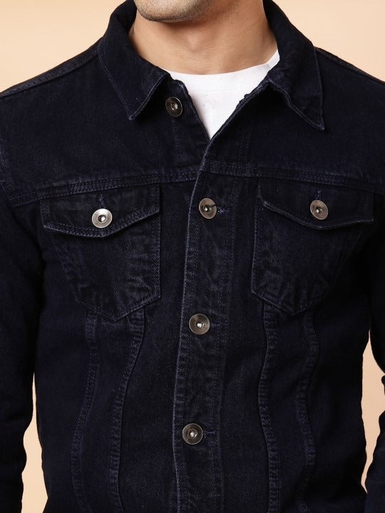 Men’s Spread Collar Solid Denim Jacket – Casual & Classic Street Style by HARCHIZ Pakistan
