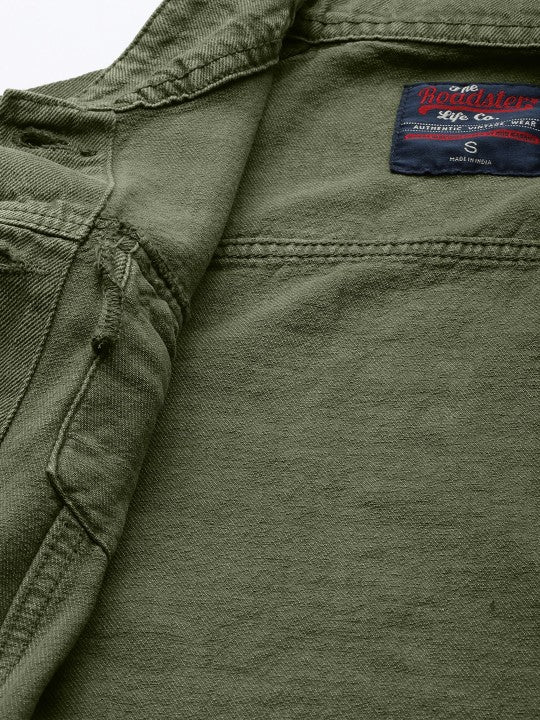 Harchiz Women Olive Green Solid Boyfriend Denim Trucker Jacket – Oversized Casual Style