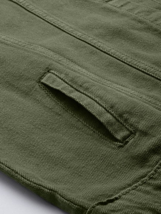 Harchiz Women Olive Green Solid Boyfriend Denim Trucker Jacket – Oversized Casual Style