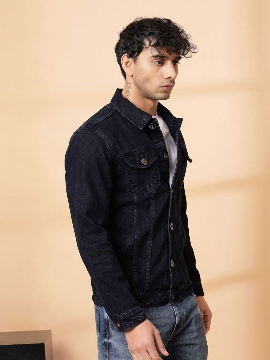 Men’s Spread Collar Solid Denim Jacket – Casual & Classic Street Style by HARCHIZ Pakistan