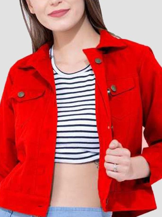 Women Red Cotton Lightweight Crop Denim Jacket – Breathable Summer Streetwear for Pakistan | HARCHIZ
