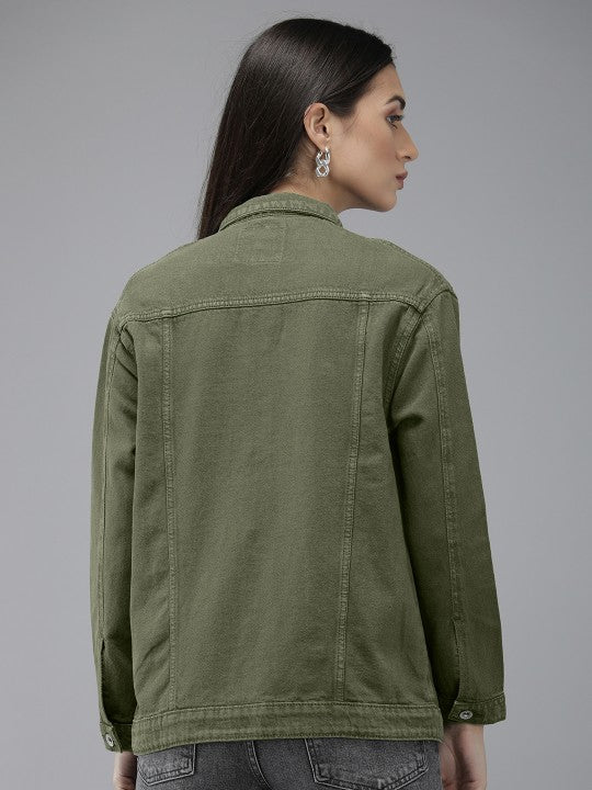 Harchiz Women Olive Green Solid Boyfriend Denim Trucker Jacket – Oversized Casual Style