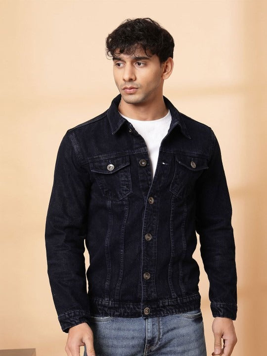 Men’s Spread Collar Solid Denim Jacket – Casual & Classic Street Style by HARCHIZ Pakistan