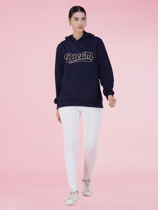 Typography Printed Hooded Oversized Navy Blue Hoodie for Women – Stylish Winter Wear by HARCHIZ