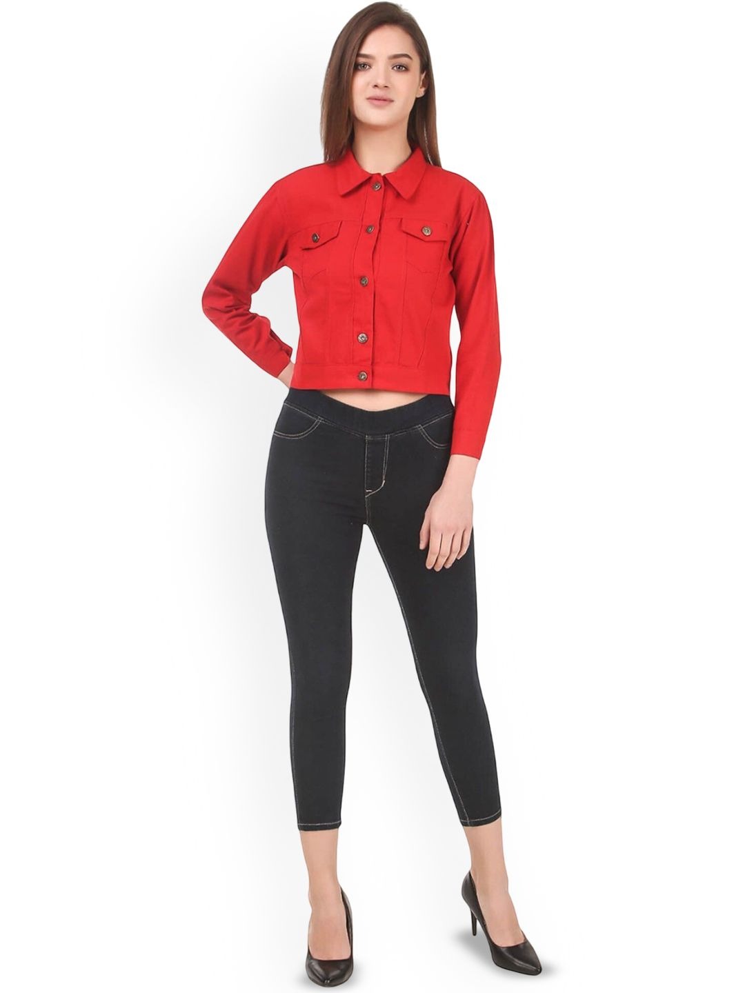 Women Red Spread Collar Solid Casual Denim Jacket – Classic Street Style by HARCHIZ Pakistan