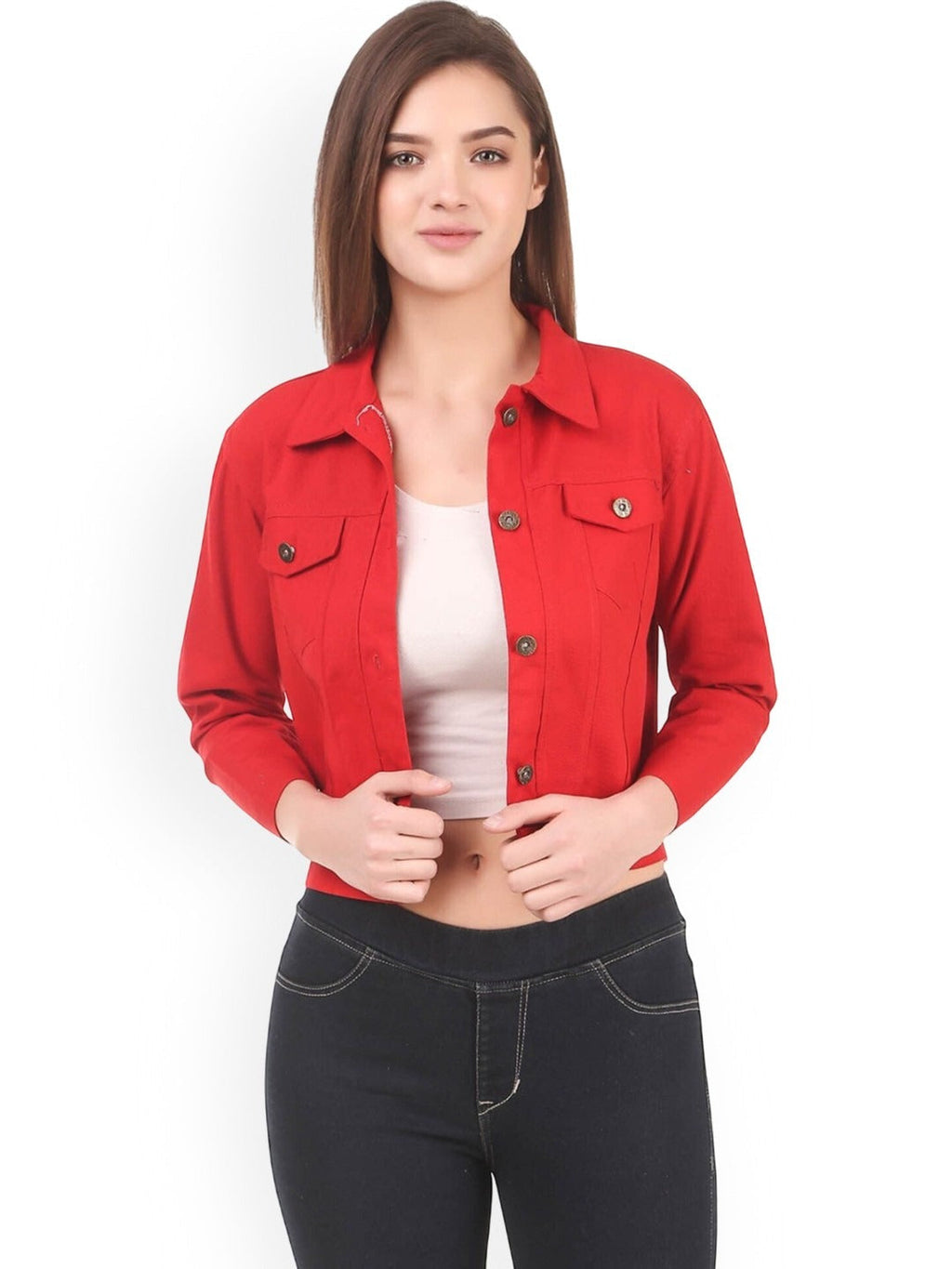 Women Red Spread Collar Solid Casual Denim Jacket – Classic Street Style by HARCHIZ Pakistan
