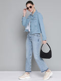 Women Blue Solid Pure Cotton Denim Jacket – Breathable, Durable & Timeless for Pakistan | DOCACCA