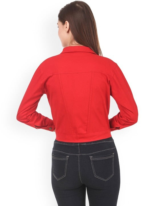 Women Red Spread Collar Solid Casual Denim Jacket – Classic Street Style by HARCHIZ Pakistan