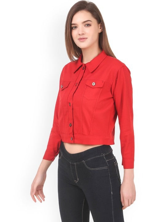 Women Red Spread Collar Solid Casual Denim Jacket – Classic Street Style by HARCHIZ Pakistan