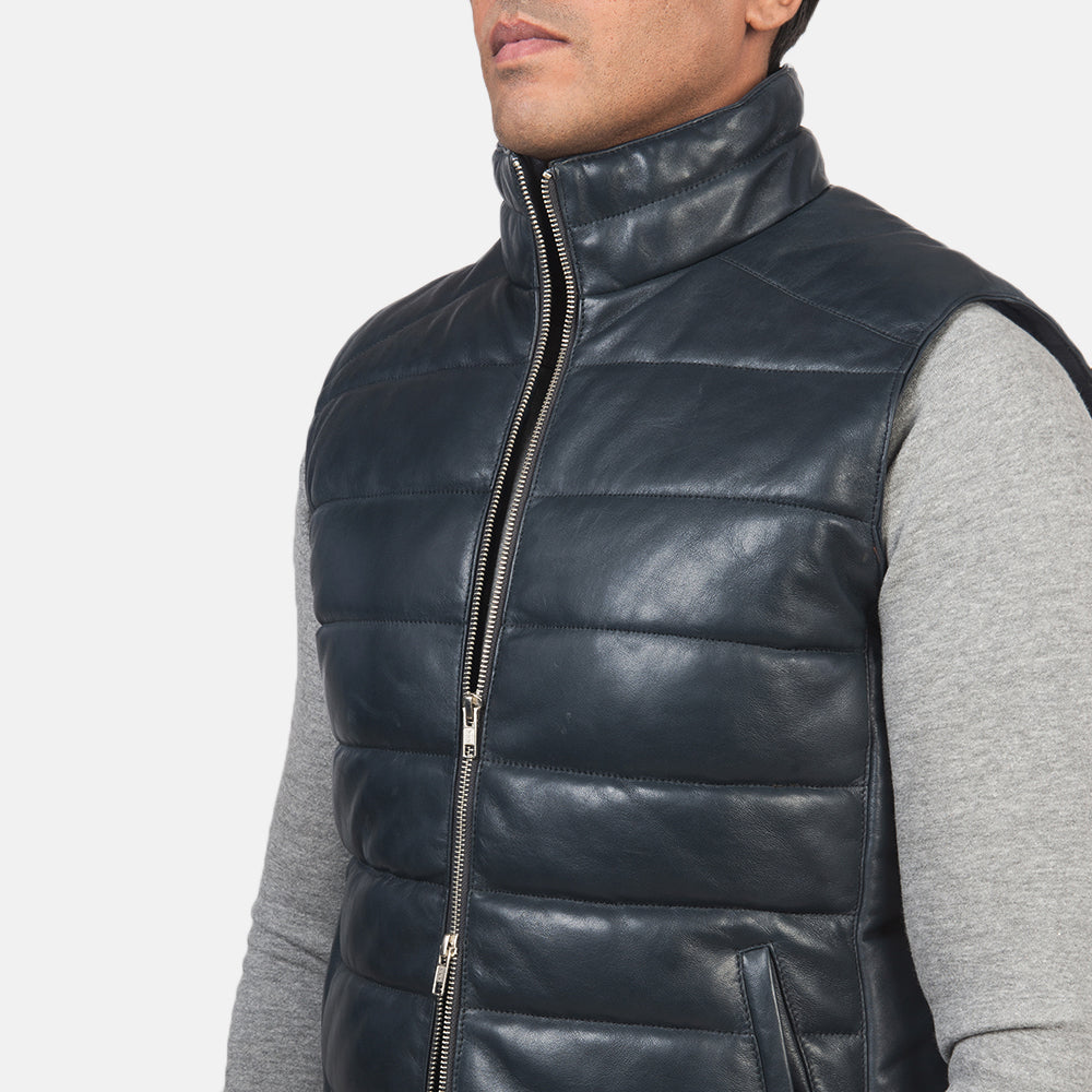 Blue Genuine Leather Puffer Vest