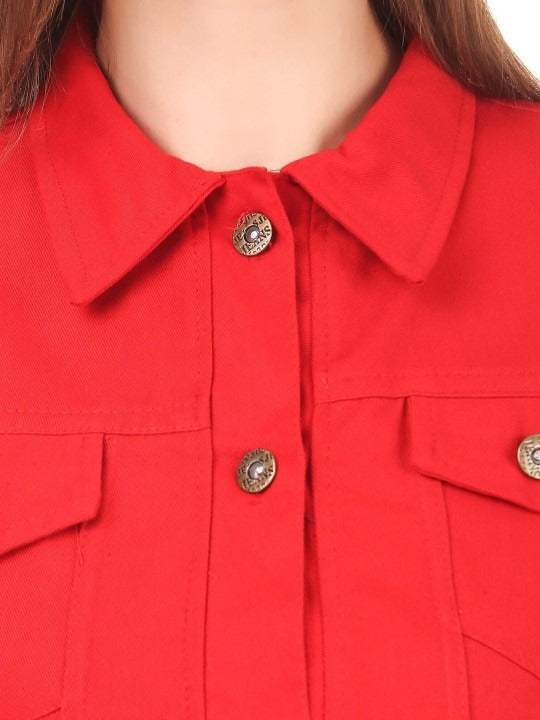 Women Red Spread Collar Solid Casual Denim Jacket – Classic Street Style by HARCHIZ Pakistan