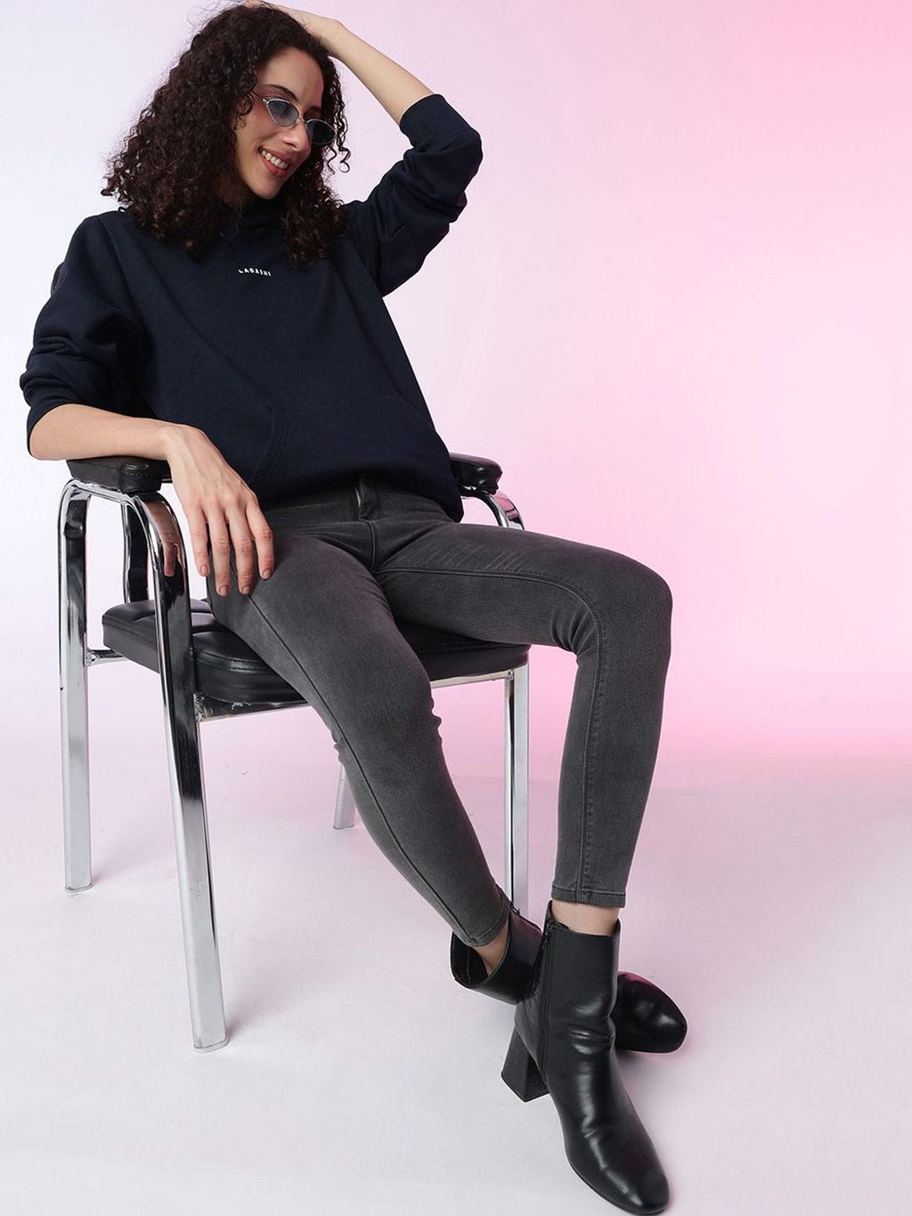 Women Solid Hooded Pullover Ribbed Navy Blue Hoodie – Stylish Winter Wear in Pakistan | HARCHIZ