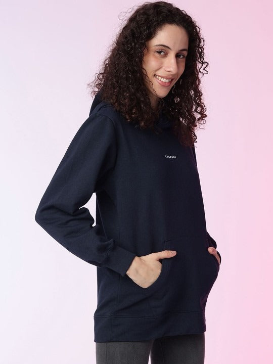 Women Solid Hooded Pullover Ribbed Navy Blue Hoodie – Stylish Winter Wear in Pakistan | HARCHIZ