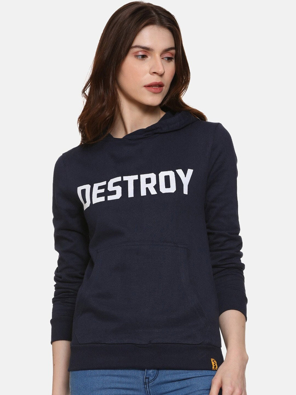 Navy Blue Typography Printed Hooded Cotton Pullover Hoodie for Women – Stylish Winter Wear in Pakistan | HARCHIZ