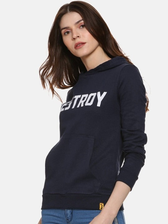 Navy Blue Typography Printed Hooded Cotton Pullover Hoodie for Women – Stylish Winter Wear in Pakistan | HARCHIZ