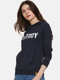 Navy Blue Typography Printed Hooded Cotton Pullover Hoodie for Women – Stylish Winter Wear in Pakistan | HARCHIZ