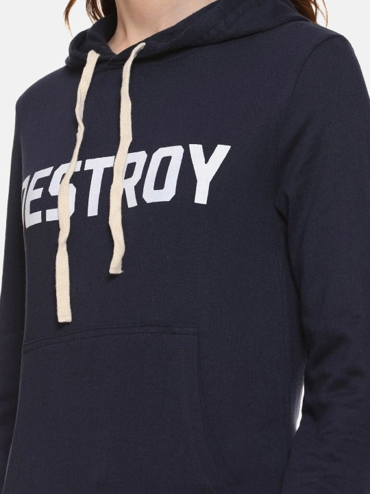Navy Blue Typography Printed Hooded Cotton Pullover Hoodie for Women – Stylish Winter Wear in Pakistan | HARCHIZ