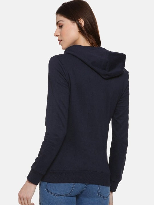 Navy Blue Typography Printed Hooded Cotton Pullover Hoodie for Women – Stylish Winter Wear in Pakistan | HARCHIZ