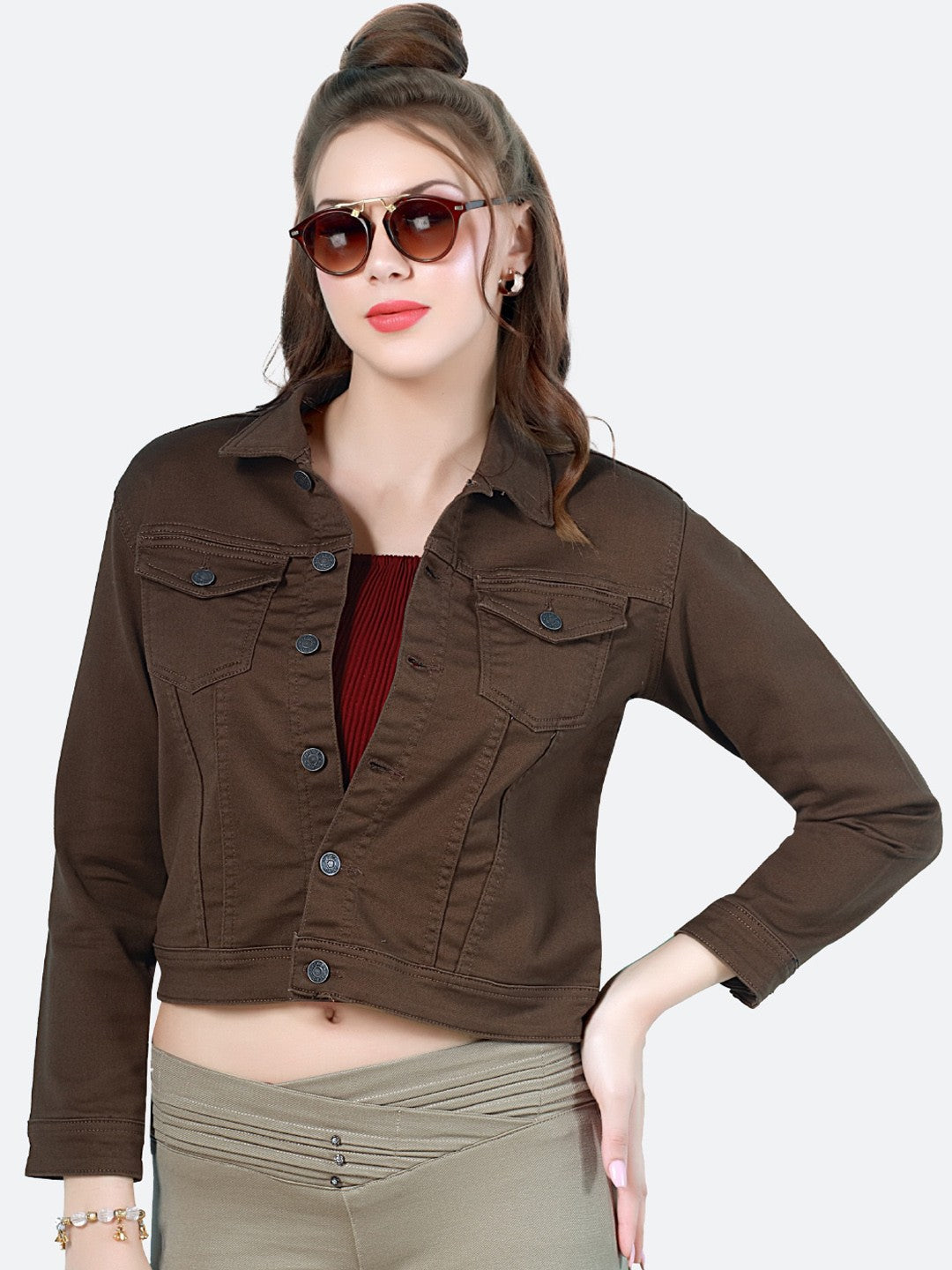 Harchiz Women Washed Lightweight Brown Denim Jacket – Casual Everyday Style
