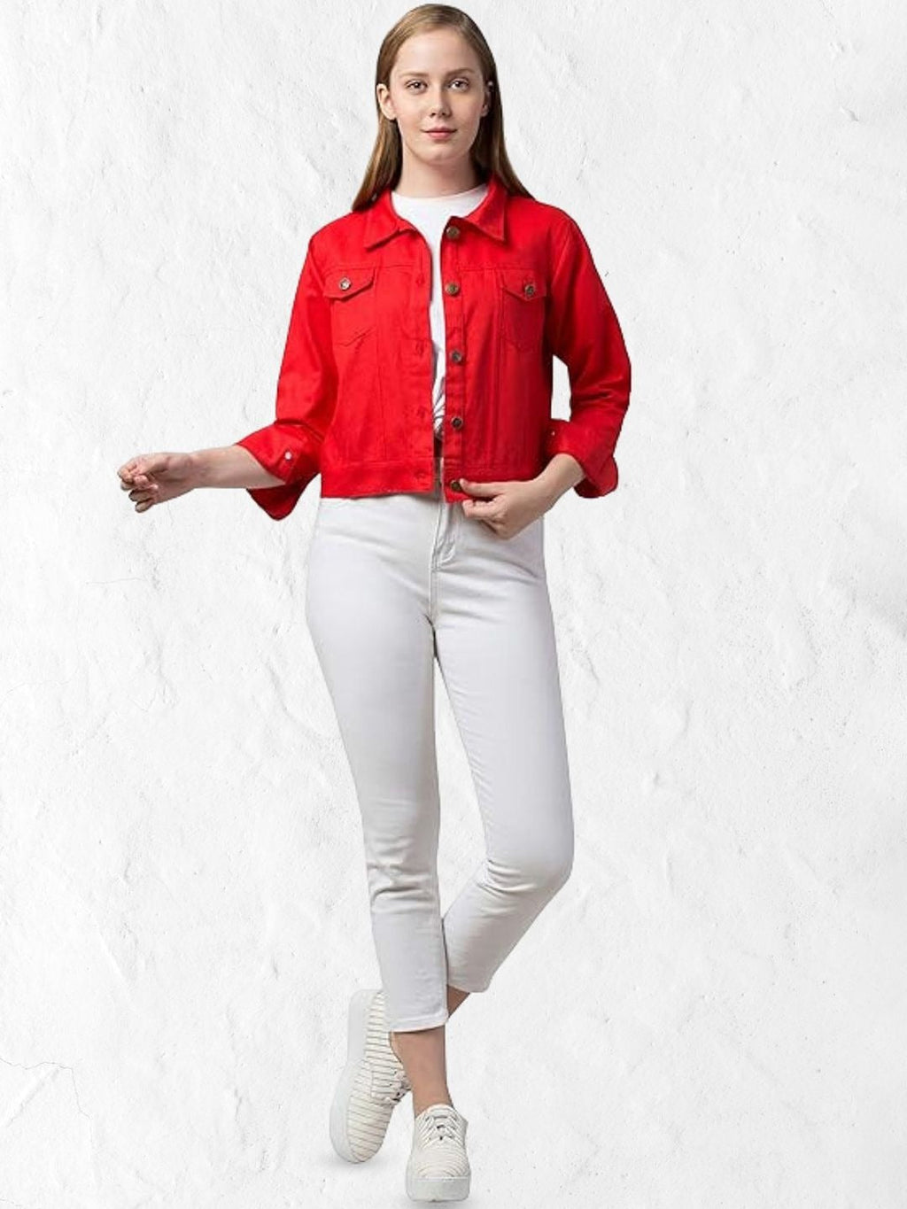Women Red Spread Collar Cotton Denim Jacket – Casual Everyday Outerwear by HARCHIZ Pakistan