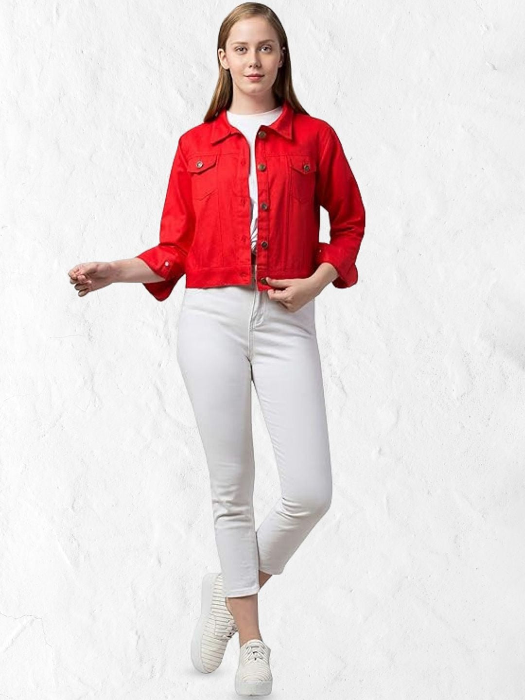 Women Red Spread Collar Cotton Denim Jacket – Casual Everyday Outerwear by HARCHIZ Pakistan