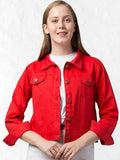 Women Red Spread Collar Cotton Denim Jacket – Casual Everyday Outerwear by HARCHIZ Pakistan