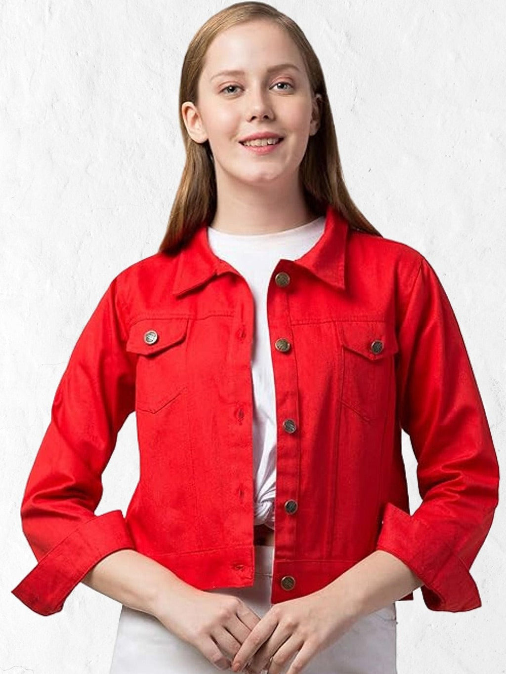 Women Red Spread Collar Cotton Denim Jacket – Casual Everyday Outerwear by HARCHIZ Pakistan