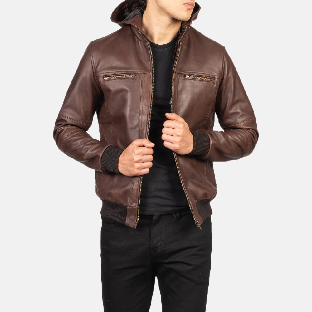 Ace Classic Brown Hood Leather Bomber Jacket