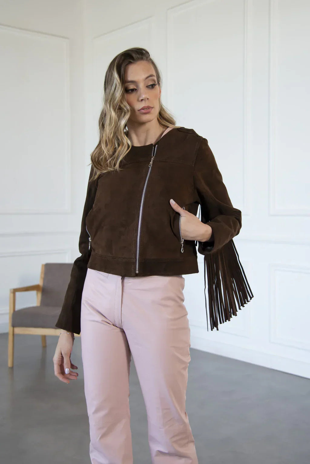 Dark Brown Fringe Women's Suede Leather Jacket