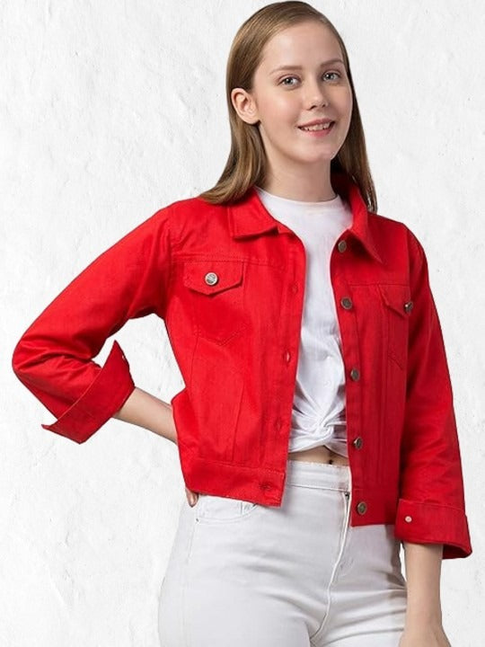 Women Red Spread Collar Cotton Denim Jacket – Casual Everyday Outerwear by HARCHIZ Pakistan