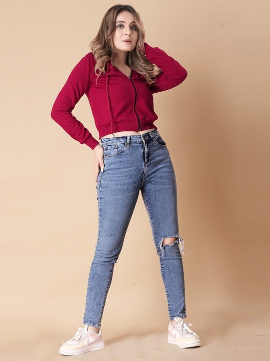 Women Solid Hooded Cropped Zipper Hoodie – Cropped Zip-Up, Breathable & Travel-Ready | HARCHIZ