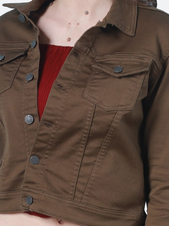 Harchiz Women Washed Lightweight Brown Denim Jacket – Casual Everyday Style