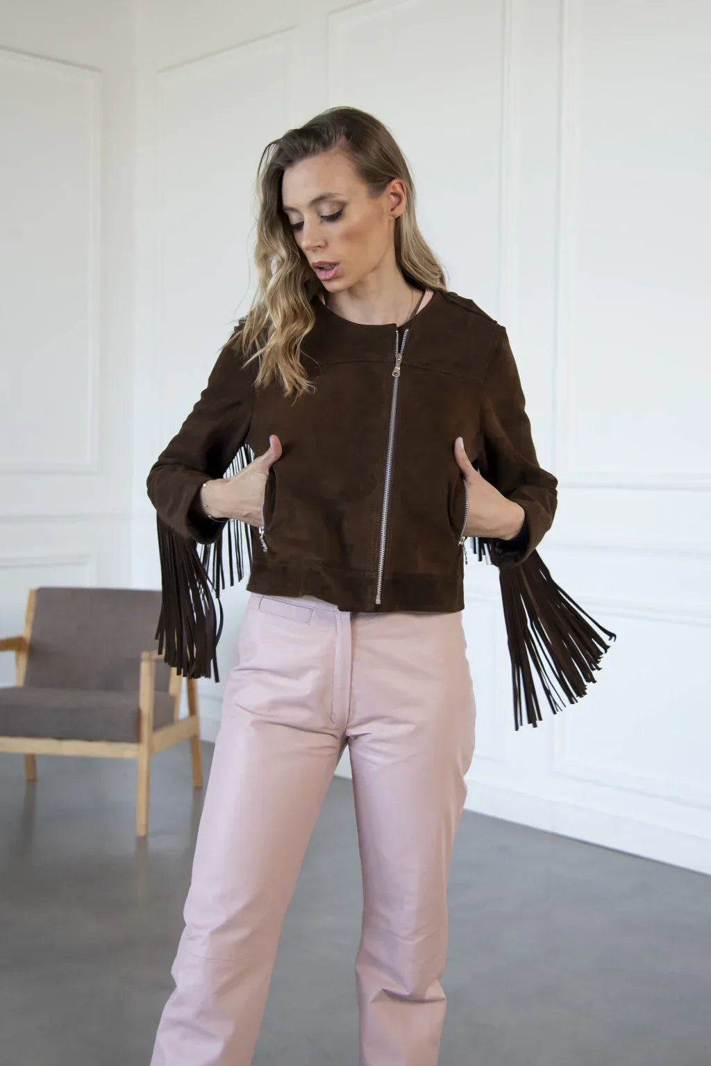 Dark Brown Fringe Women's Suede Leather Jacket